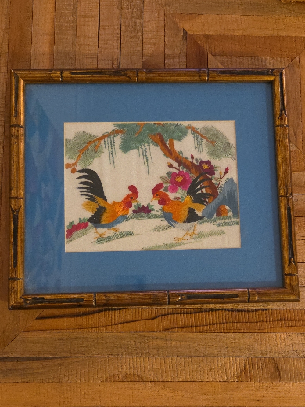 Vintage Framed Silk Embroidered Rooster Artwork In A Frame